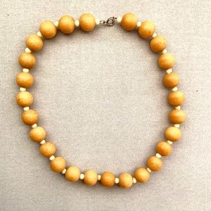 ROUND LIGHT GRAIN WOOD BEADED NECKLACE WHITE SPACERS 16” UNPOLISHED UNISEX MEN
